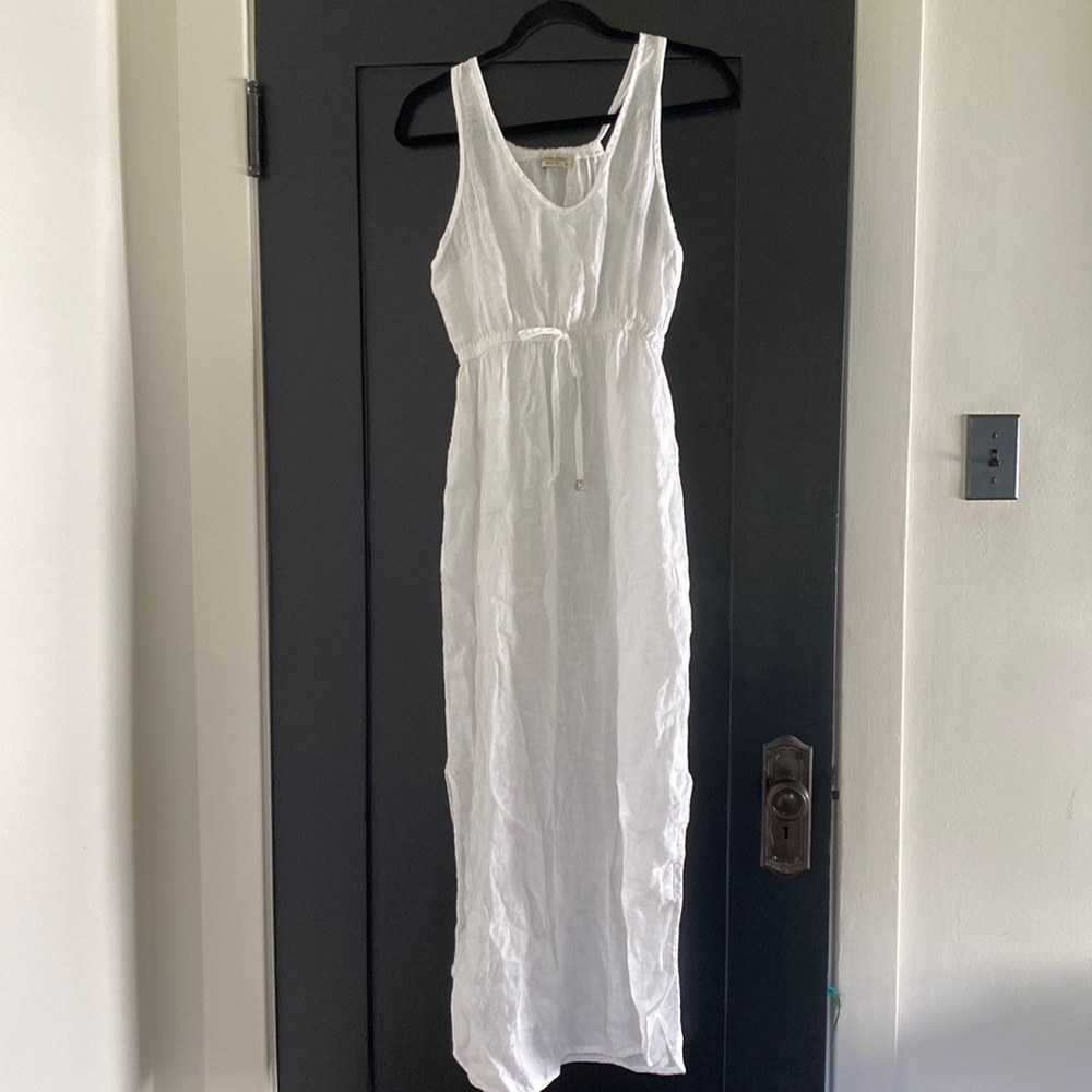 Terzo Millennio Dress Womens S 100% Linen White Maxi V-Neck Smocked Wais…